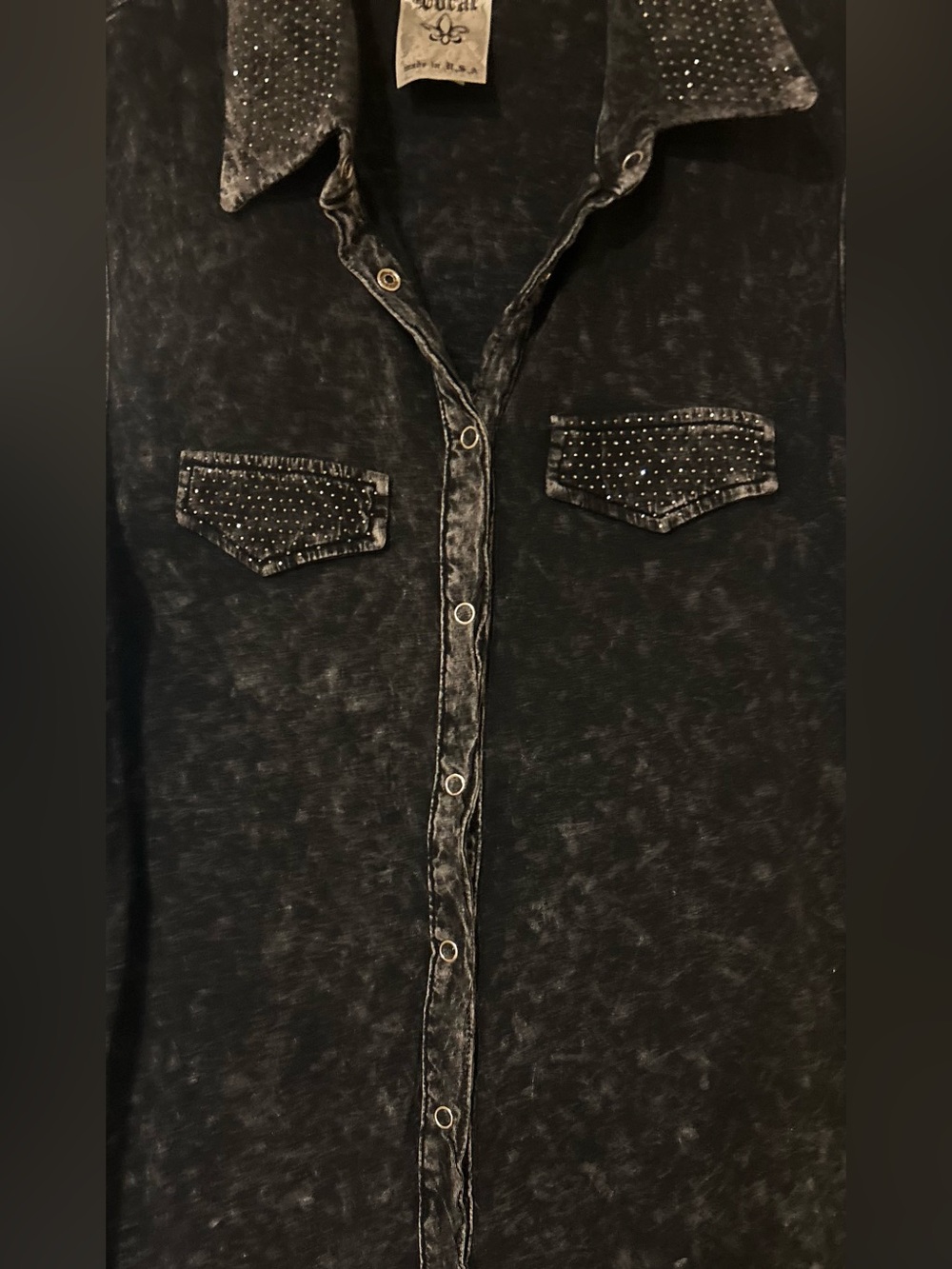 Vocal Black Mineral-Wash Sleeveless Studded Button-Down Shirt - Biker Apparel - Picture 5 of 8